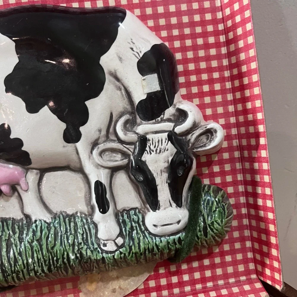 Vtg Farmhouse Mudlen Ceramic Holstein Cow Wall Plaque 3D Grazing Relief Country